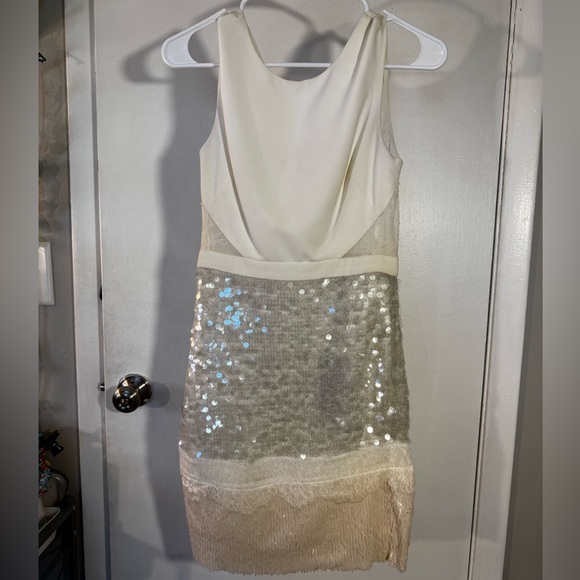 BCBGMaxAzria Cream and Silver Sequin Backless Dress - Picture 1 of 9